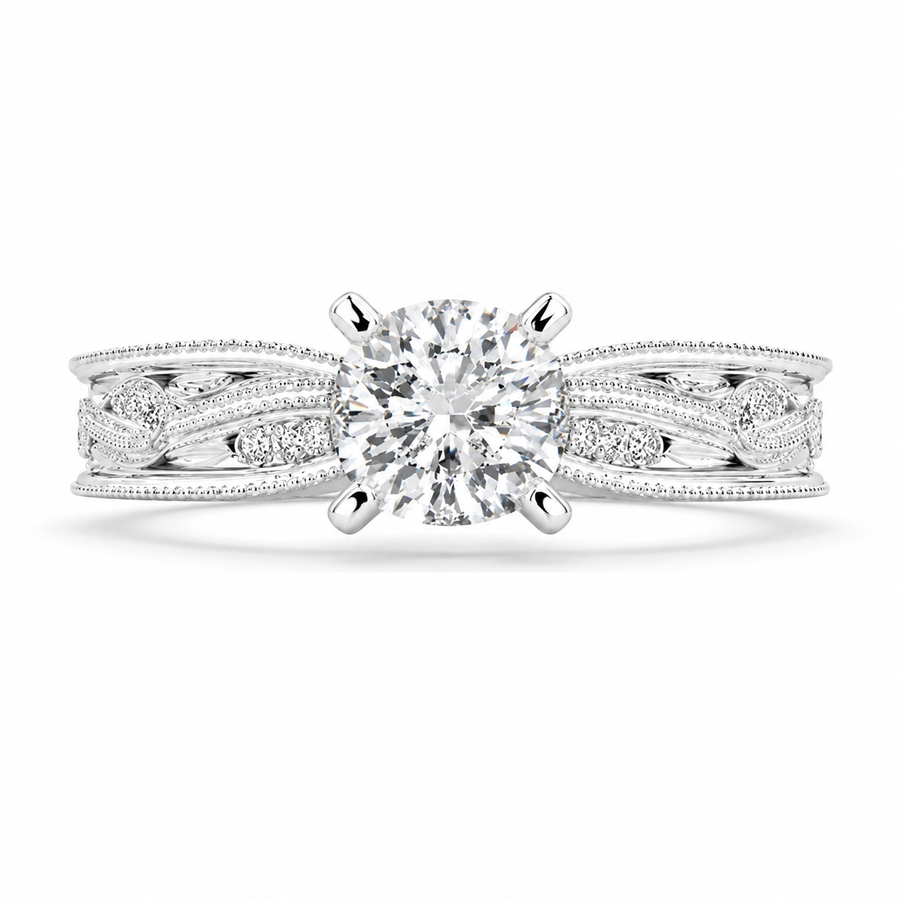 Sabrina 2 Carat Cushion Cut Solitaire Hand Engraved Milgrain Engagement Ring