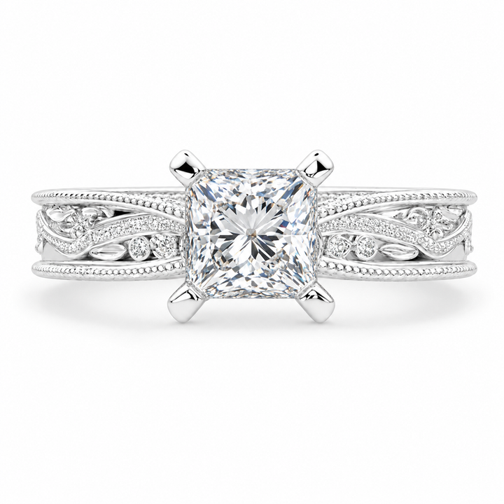Sabrina 2 Carat Princess Cut Solitaire Hand Engraved Milgrain Engagement Ring