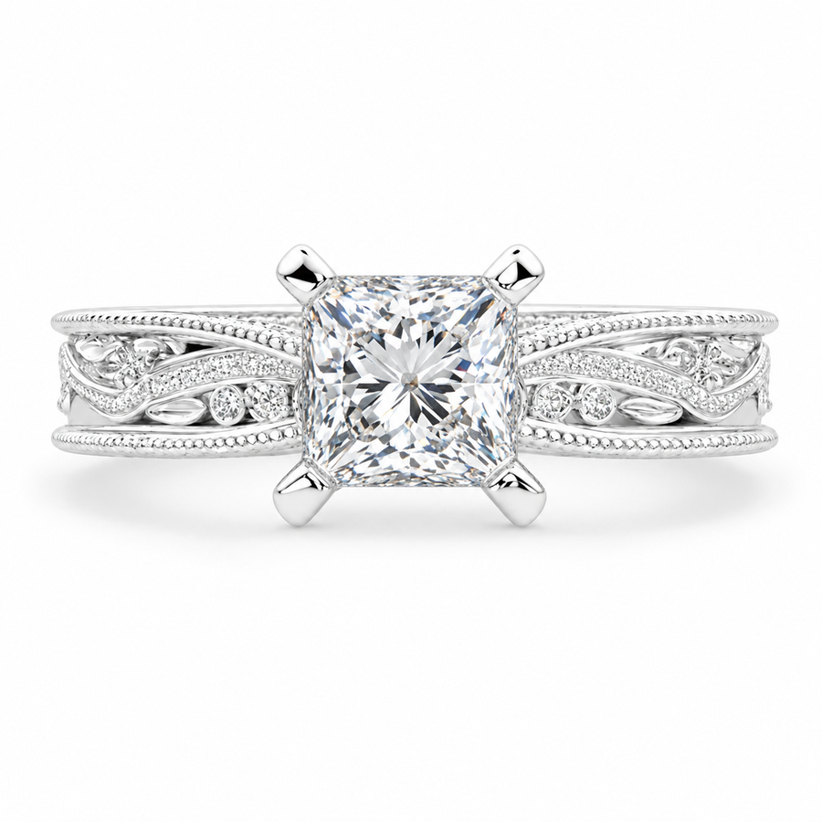 Sabrina 2 Carat Princess Cut Solitaire Hand Engraved Milgrain Engagement Ring