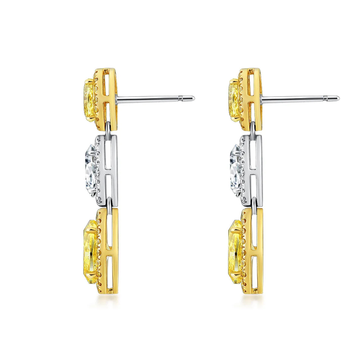 4.4 Carat Oval Cut Halo Three Stone Fancy Yellow Lab Grown Diamond Drop Earrings.