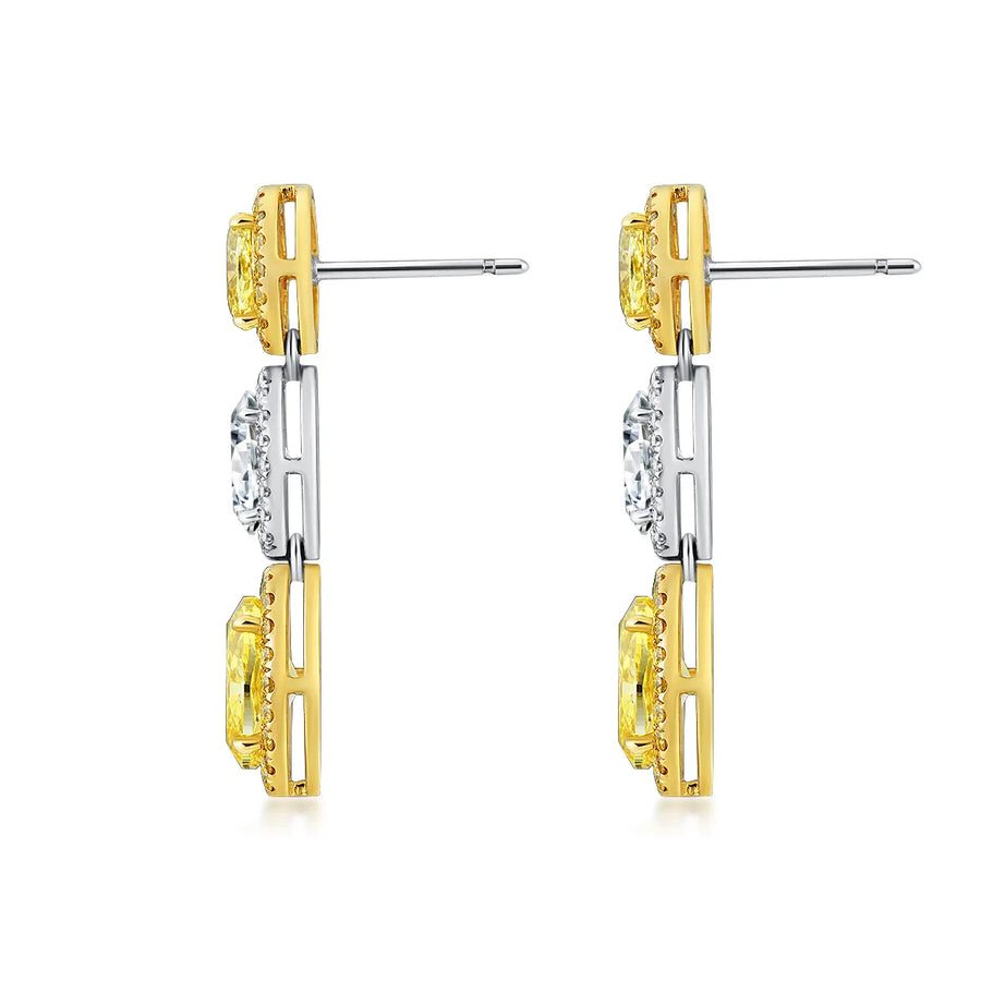 4.4 Carat Oval Cut Halo Three Stone Fancy Yellow Lab Grown Diamond Drop Earrings