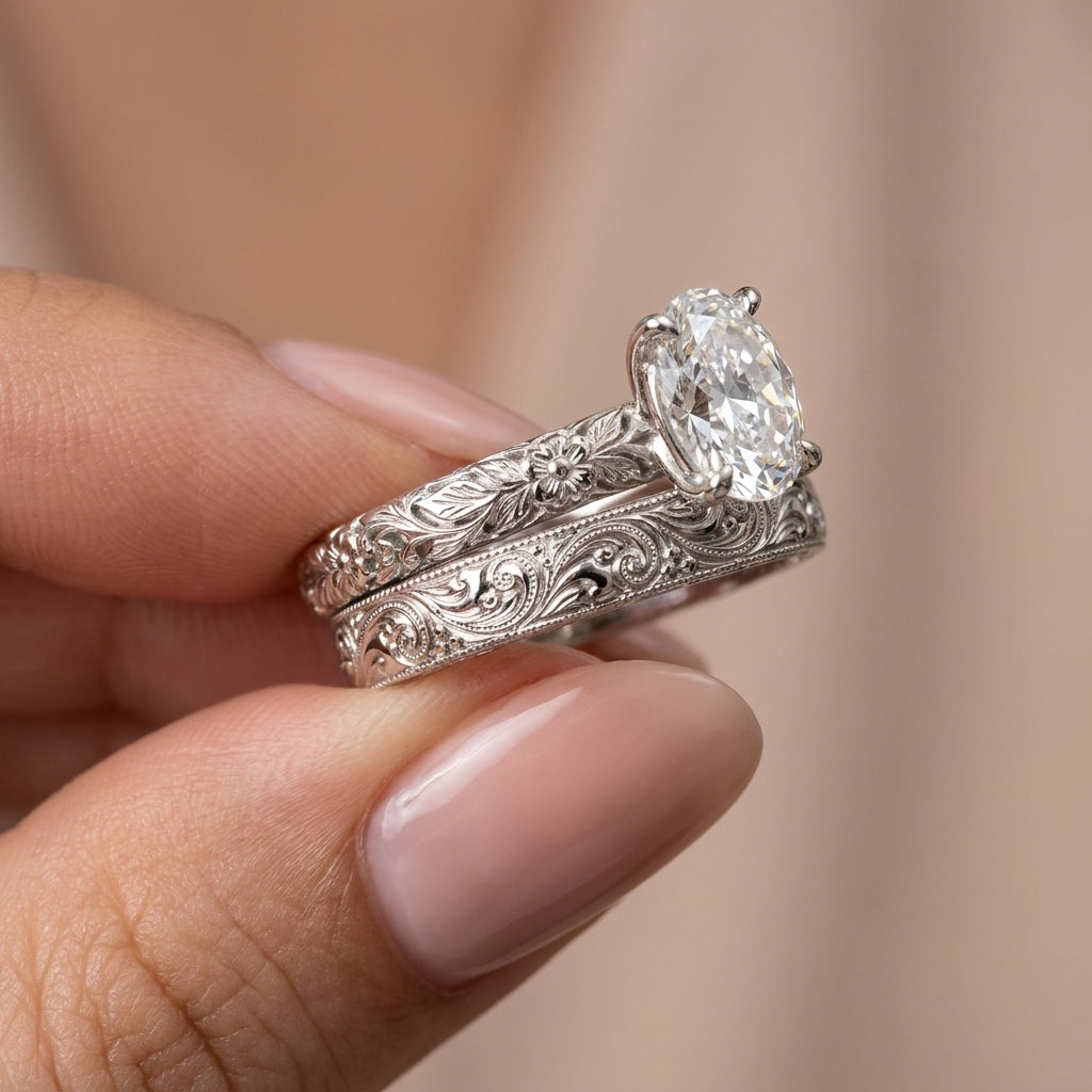 2.00 CT Vintage Oval Cut Lab-Grown Diamond Engagement Ring Set in 14K White Gold – Hand-Engraved Floral Wedding Band