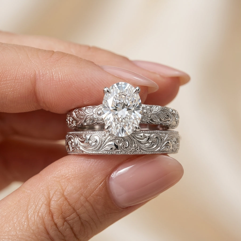 2.00 CT Vintage Oval Cut Lab-Grown Diamond Engagement Ring Set in 14K White Gold – Hand-Engraved Floral Wedding Band