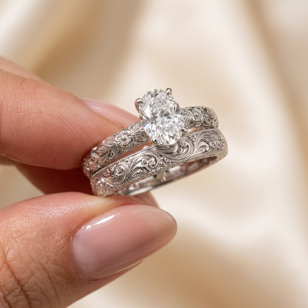 2.00 CT Vintage Oval Cut Lab-Grown Diamond Engagement Ring Set in 14K White Gold – Hand-Engraved Floral Wedding Band