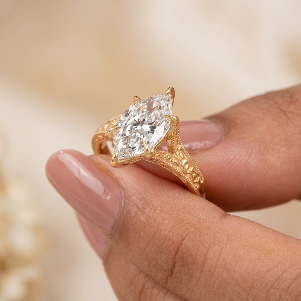 3.00 CT Filigree Dutch Marquise Cut Lab-Grown Diamond Engagement Ring in 14K White Gold – Engraved Solitaire Bridal Design