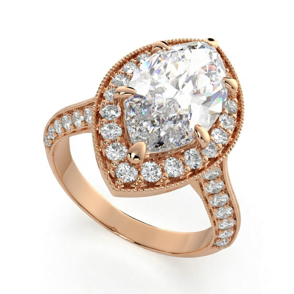 Beatrice 4.45 Carat Marquise Cut Halo Pave Knife Edge Milgrain Engagement Ring
