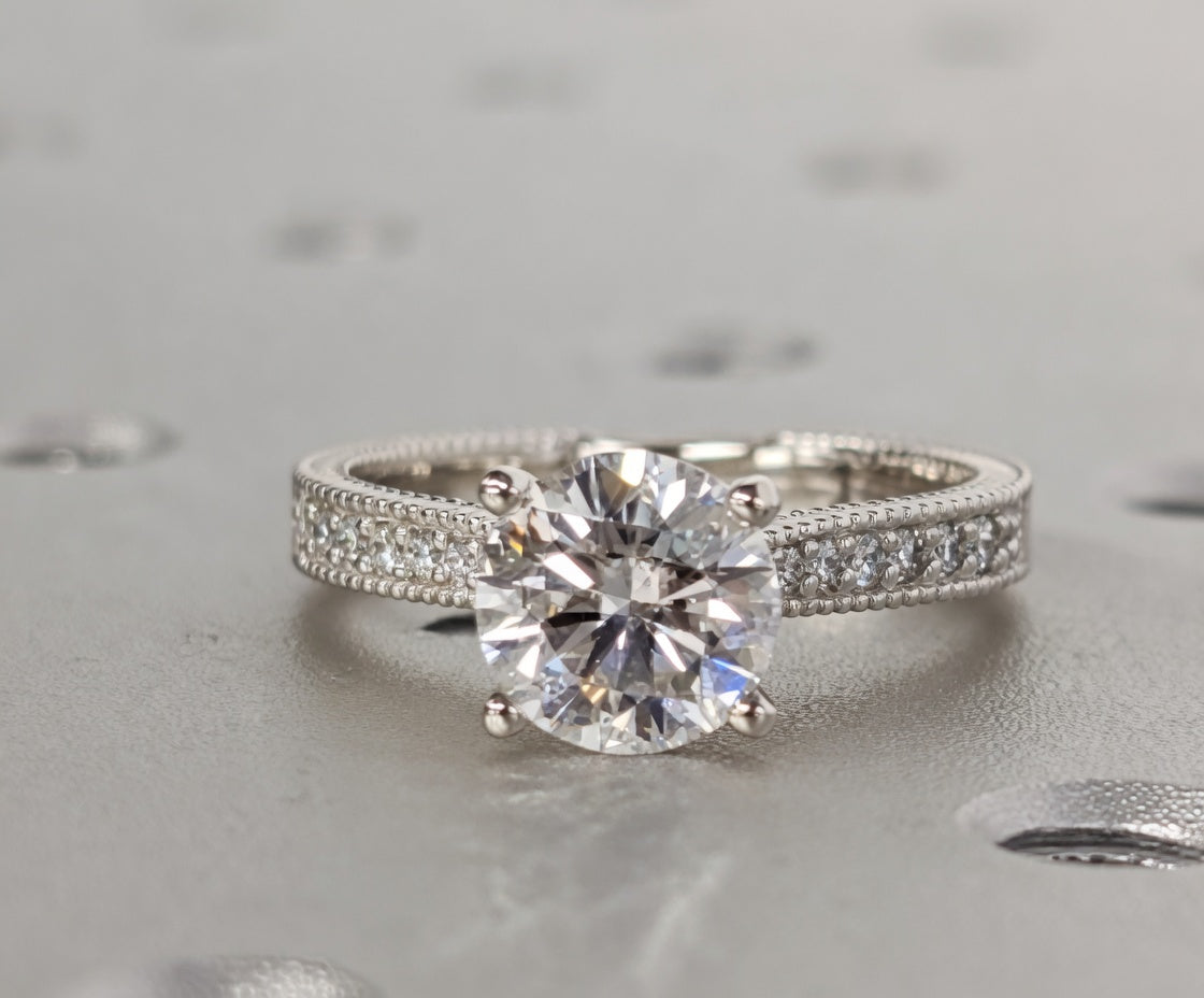 1.50 CT Vintage Lab-Grown Diamond Engagement Ring in 14K White Gold – Hand-Engraved Antique Design
