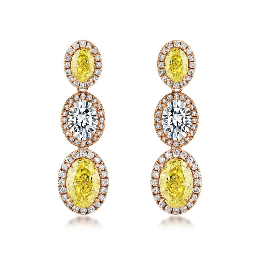 4.4 Carat Oval Cut Halo Three Stone Fancy Yellow Lab Grown Diamond Drop Earrings