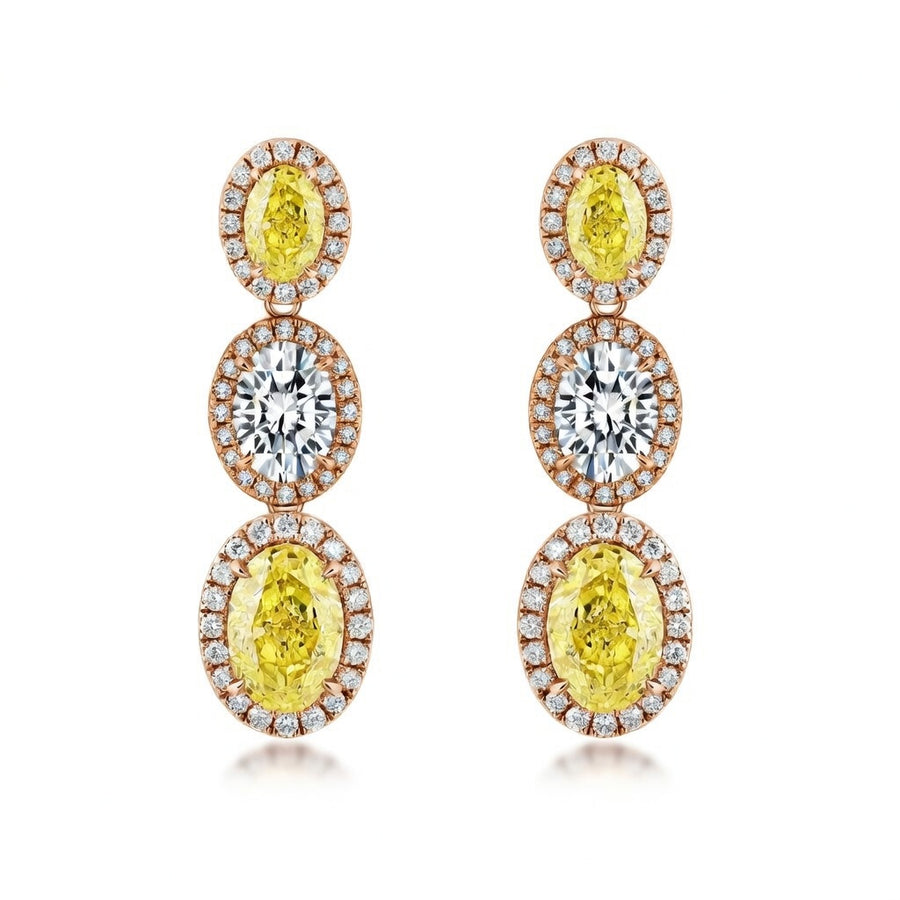 4.4 Carat Oval Cut Halo Three Stone Fancy Yellow Lab Grown Diamond Drop Earrings