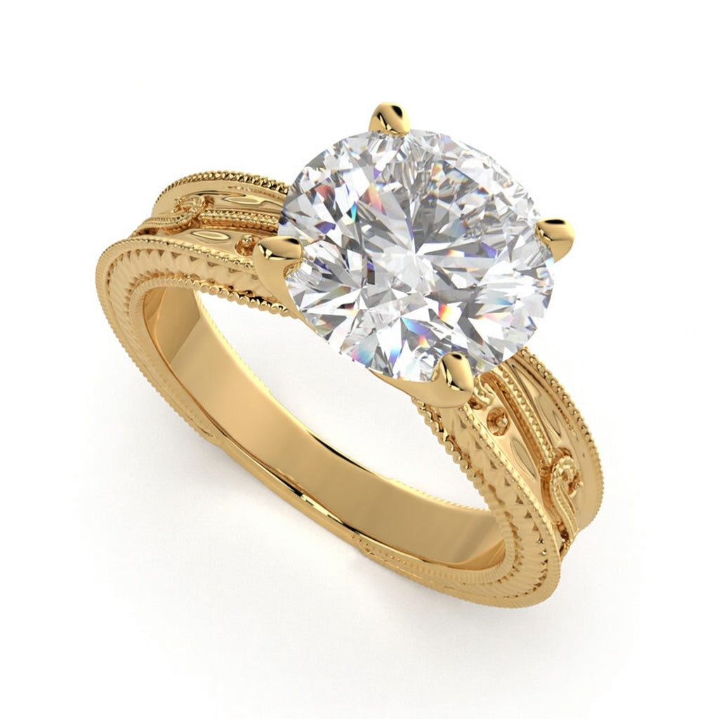 Sabrina 4 Carat Round Cut Solitaire Hand Engraved Milgrain Engagement Ring