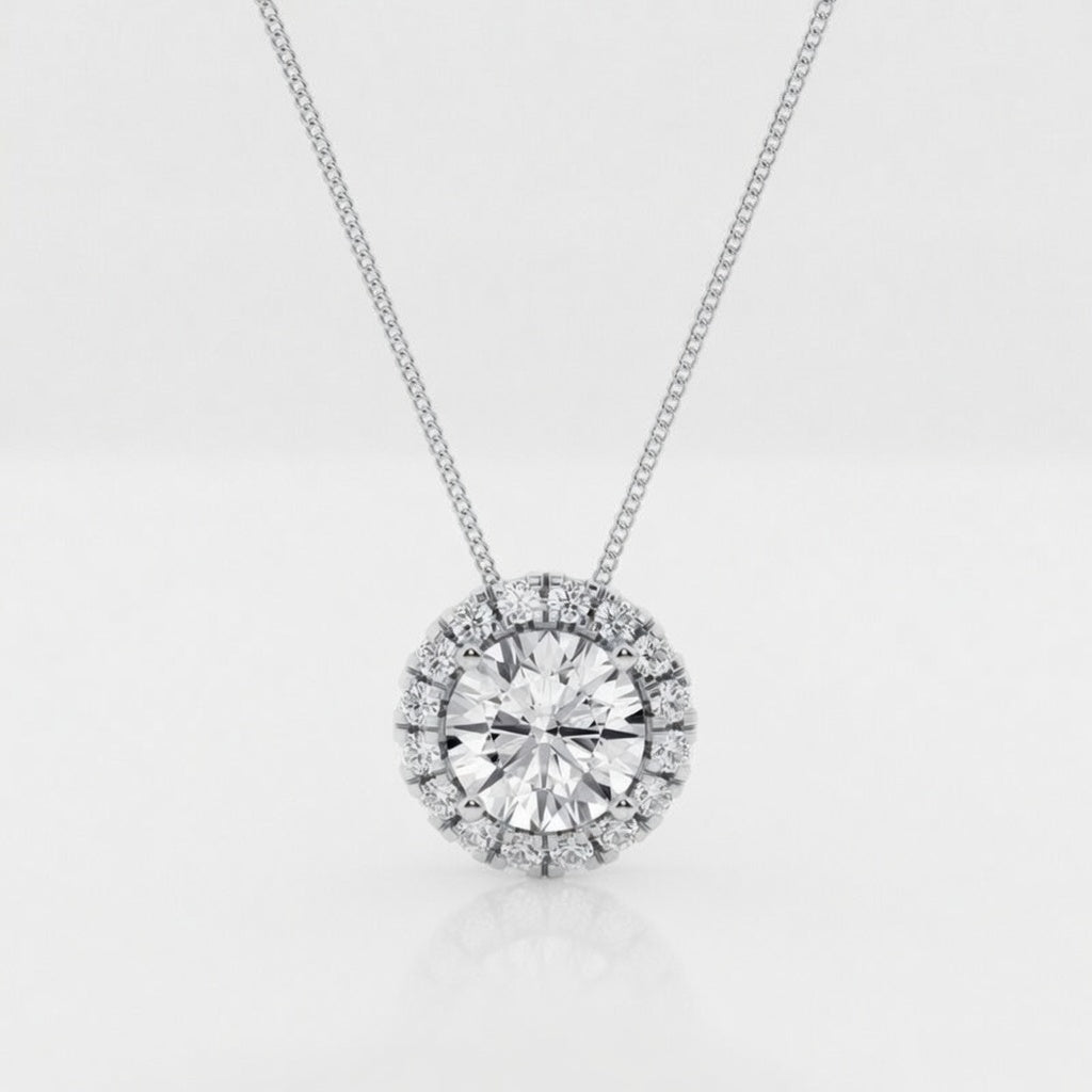 1.76 Carat Round Cut Lab-Grown Diamond Halo Pendant VS1 D–F 14K White Gold with Adjustable Chain