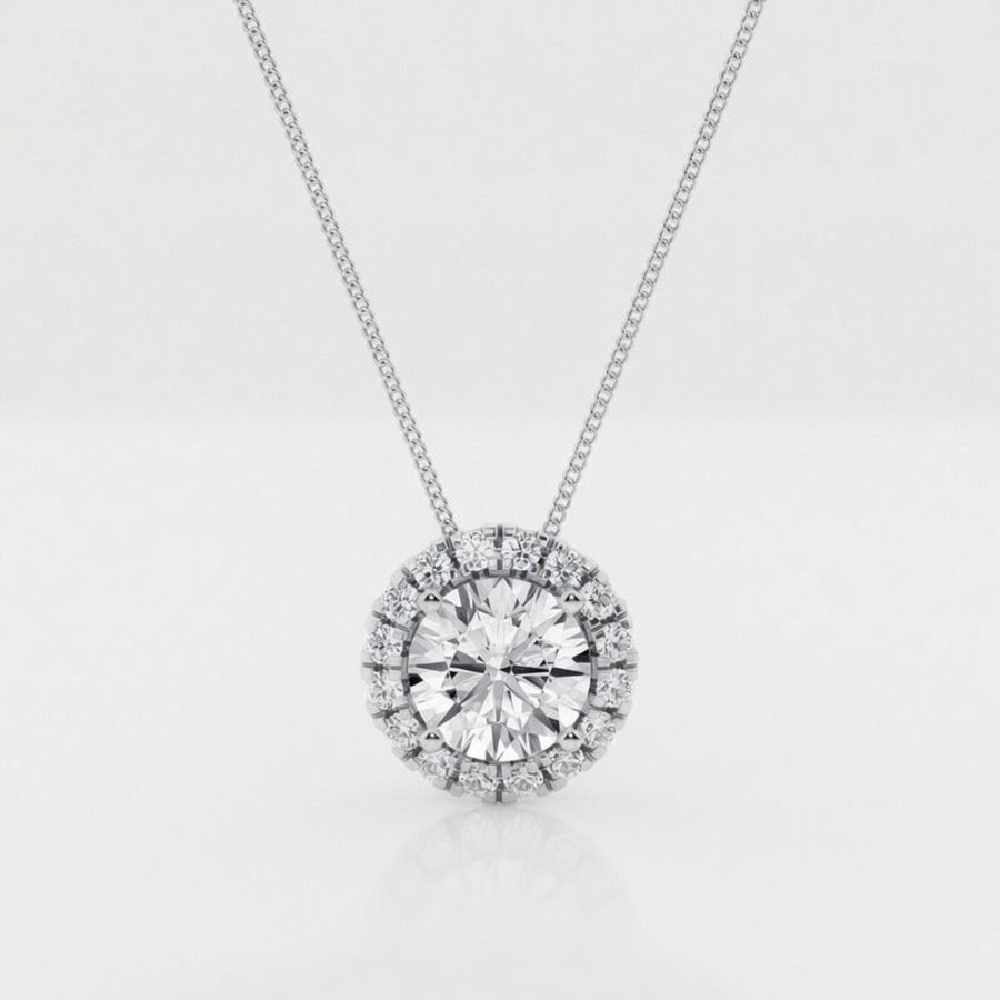 1.76 Carat Round Cut Lab-Grown Diamond Halo Pendant VS1 D–F 14K White Gold with Adjustable Chain