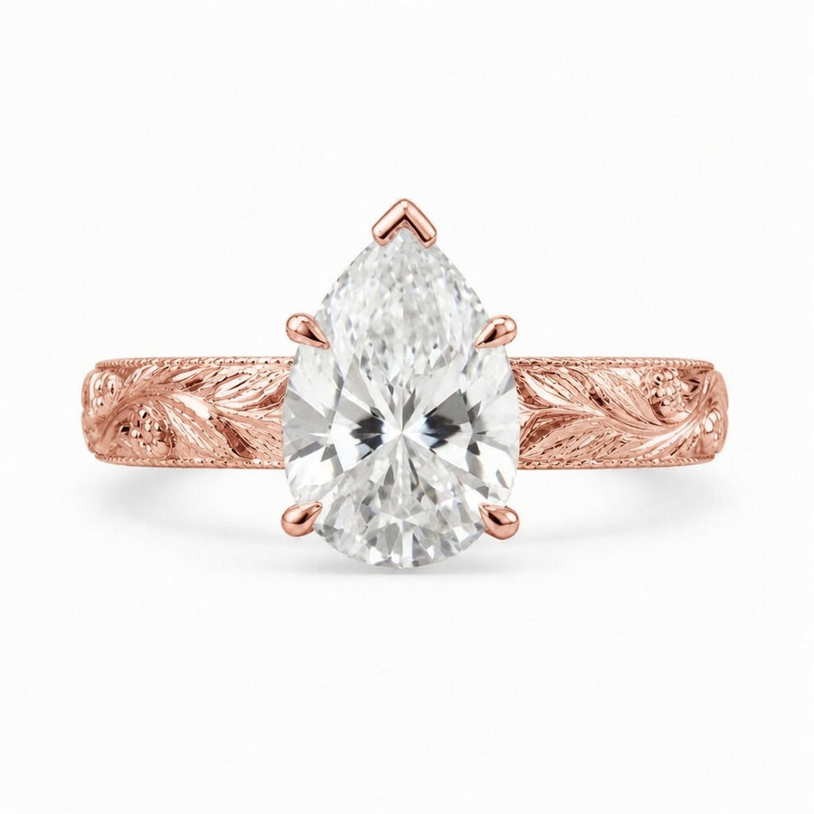 2.00 CT Vintage Inspired Pear Cut Lab-Grown Diamond Engagement Ring in 14K White Gold – Hand-Engraved Floral Art Deco Design
