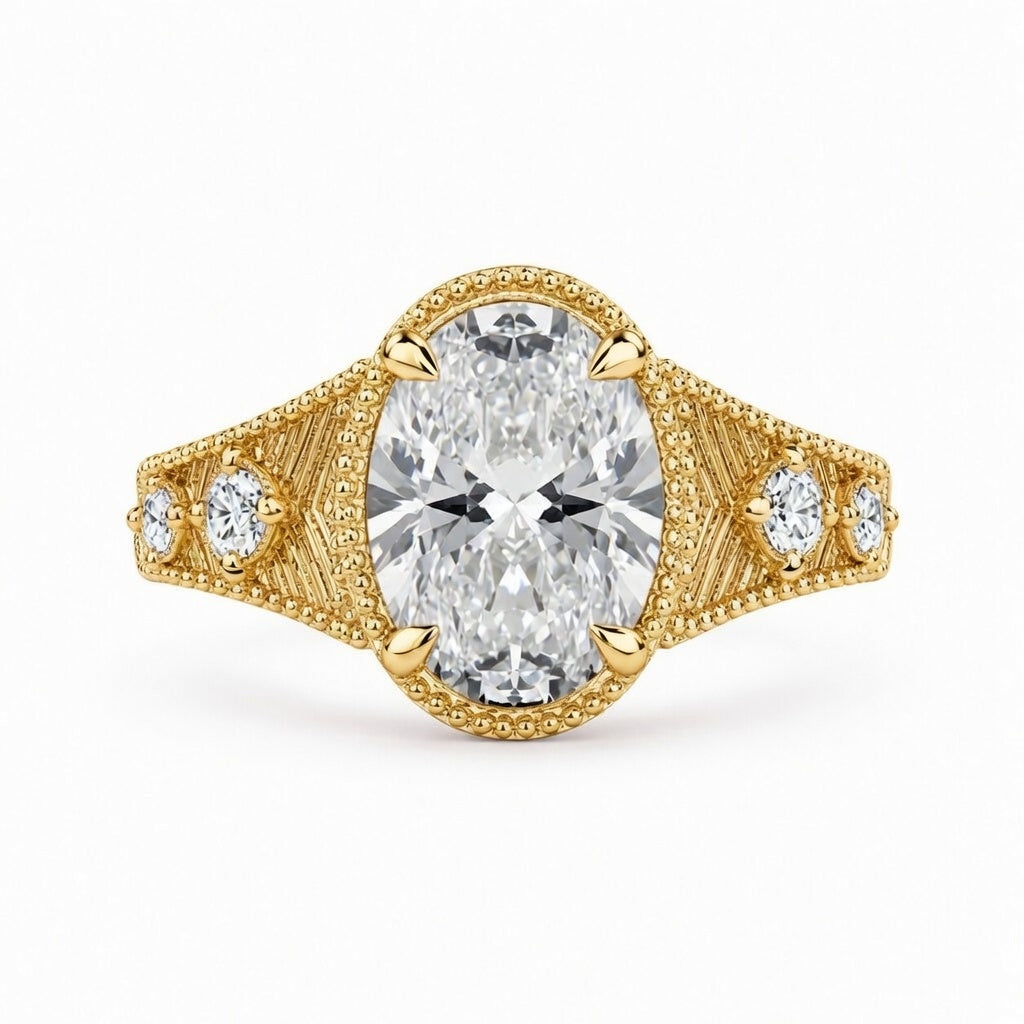3.00 CT Art Deco Inspired Oval Cut Lab-Grown Diamond Engagement Ring in 14K White Gold – Antique Hand-Engraved Filigree Design