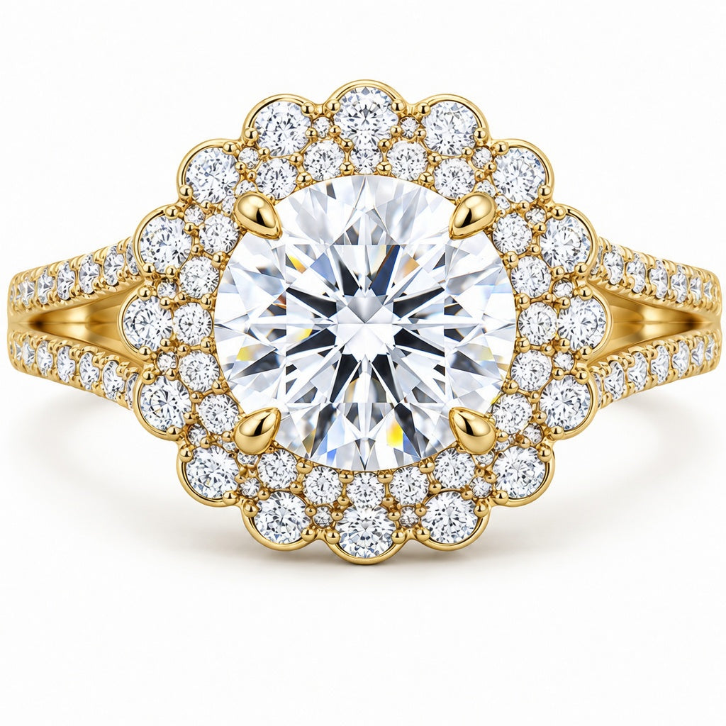 2.00 CT Round Lab-Grown Diamond Double Halo Engagement Ring in 14K White Gold – Split Shank Vintage Art Deco Design