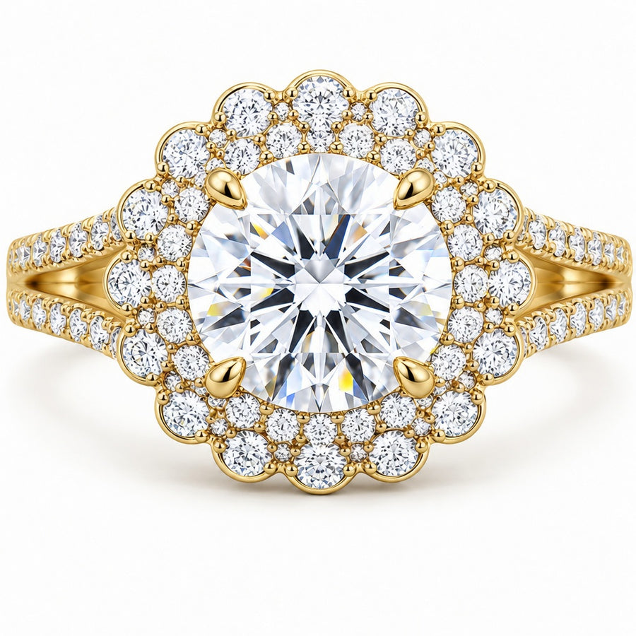 2.00 CT Round Lab-Grown Diamond Double Halo Engagement Ring in 14K White Gold – Split Shank Vintage Art Deco Design