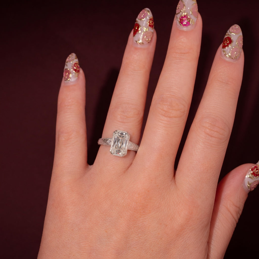 3.50 CT Vintage Inspired Criss Cut Lab-Grown Diamond Engagement Ring in 14K White Gold – Hand-Engraved Art Deco Cathedral Design