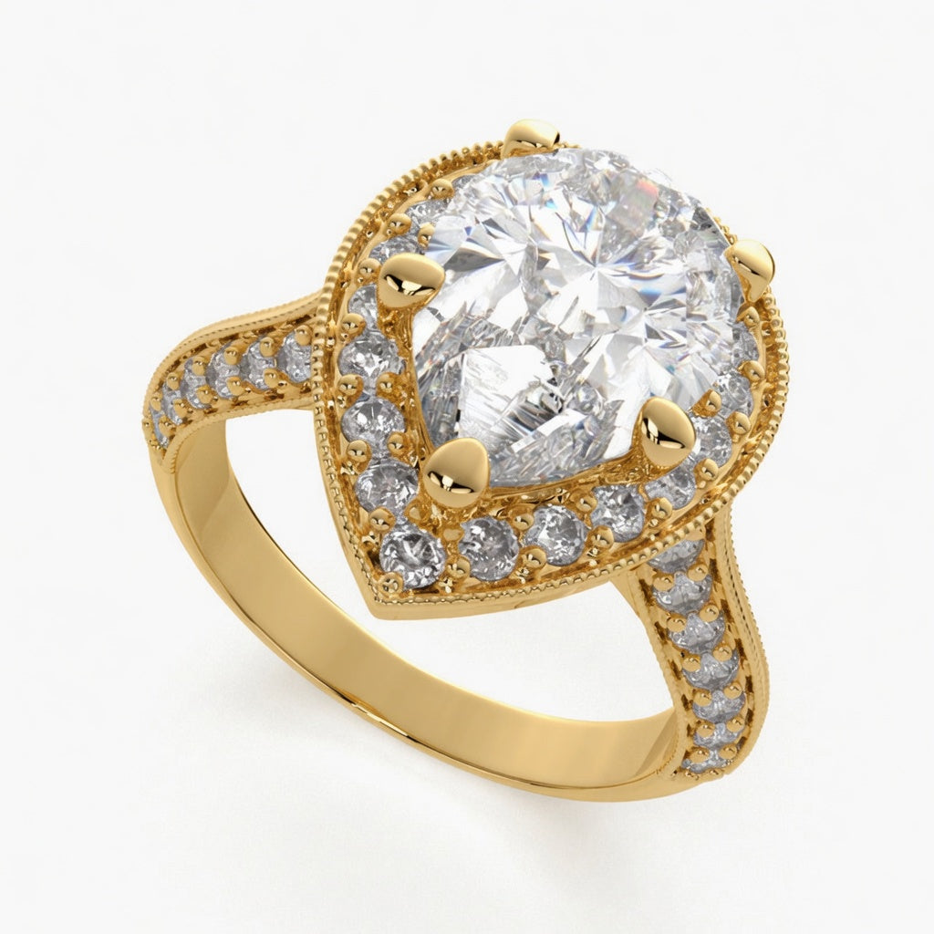 Beatrice 4.45 Carat Pear Cut Halo Pave Knife Edge Milgrain Engagement Ring