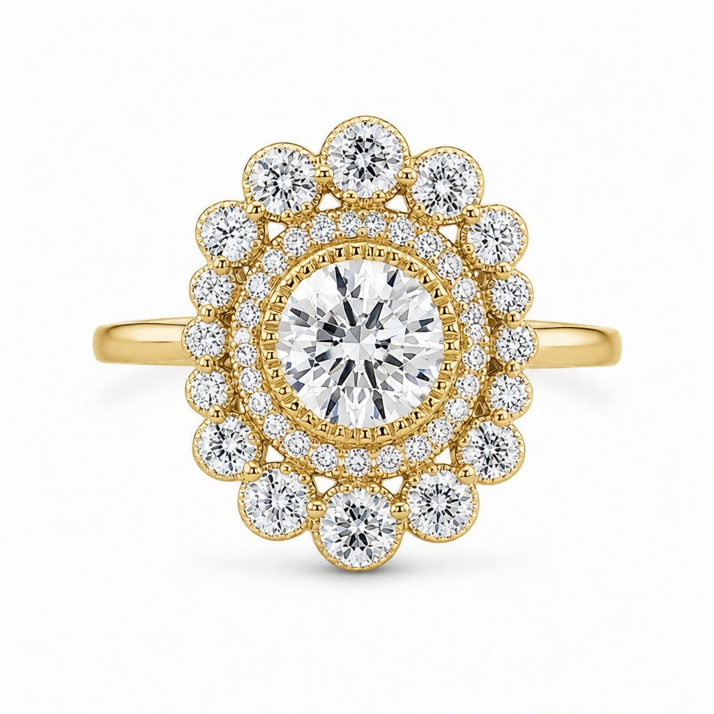 2.00 CT Round Cut Lab-Grown Diamond Double Halo Engagement Ring in 14K White Gold – Vintage Art Deco Flower Cluster Design