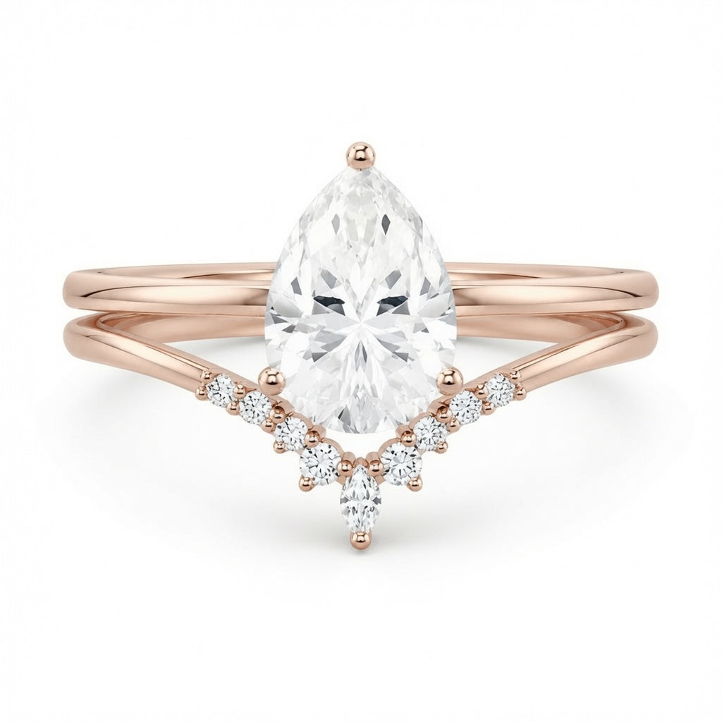 3.00 CT Pear Lab-Grown Diamond 2PCS Bridal Set in 14K White Gold – Minimalist Engagement Ring & Matching Wedding Band