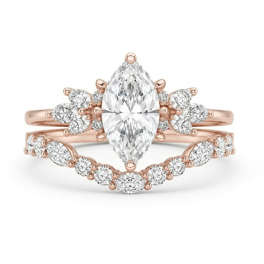 3.00 CT Marquise Lab-Grown Diamond 2PCS Bridal Set in 14K White Gold – Cluster Wedding Band Engagement Ring Design