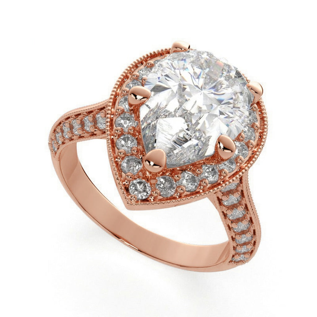 Beatrice 4.45 Carat Pear Cut Halo Pave Knife Edge Milgrain Engagement Ring