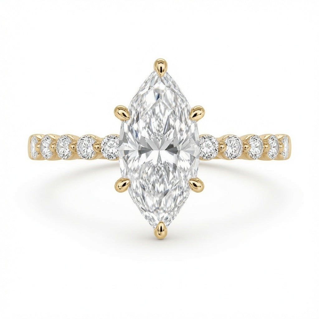 4.00 CT Dutch Marquise Lab-Grown Diamond Hidden Halo Engagement Ring in 14K White Gold – Round Side Stone Prong Set Design