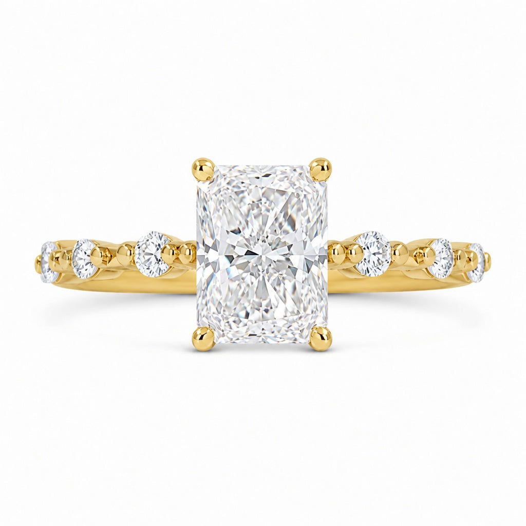 3.00 CT Radiant Cut Lab-Grown Diamond Hidden Halo Engagement Ring in 14K White Gold – Distance Pavé Wedding Band Design