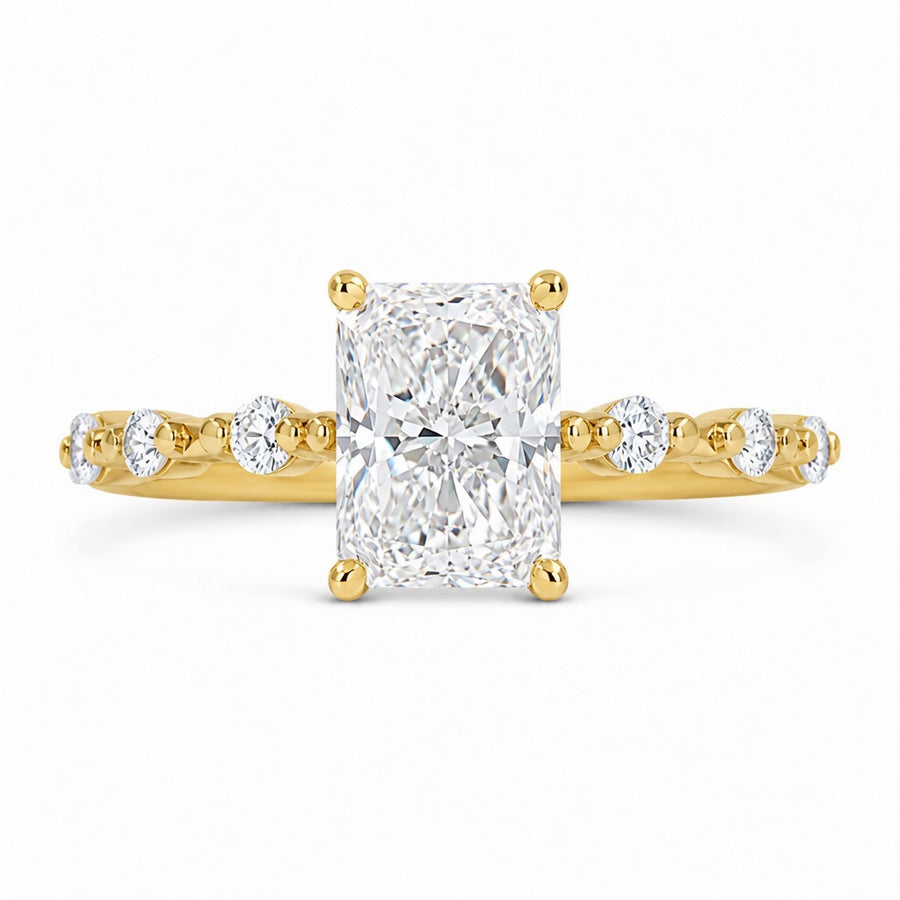 3.00 CT Radiant Cut Lab-Grown Diamond Hidden Halo Engagement Ring in 14K White Gold – Distance Pavé Wedding Band Design