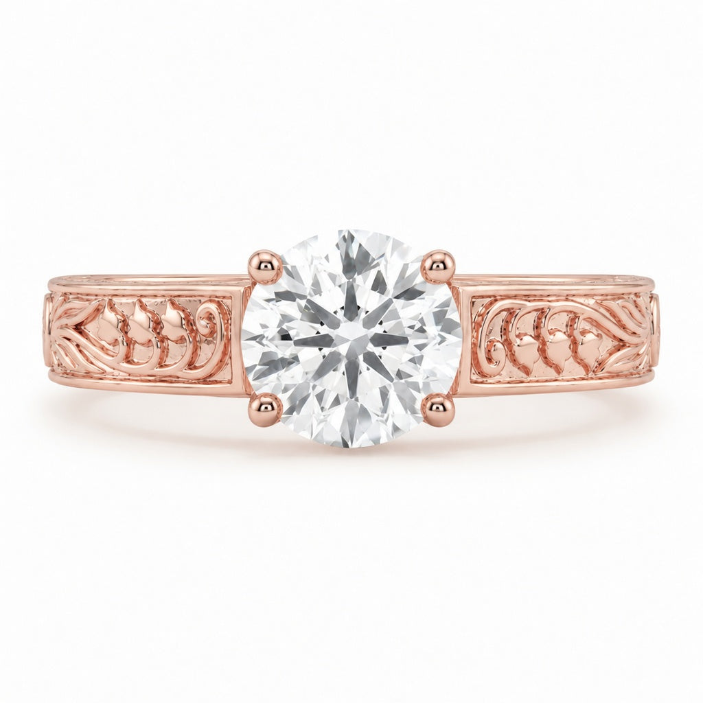 2.00 CT Vintage Round Solitaire Lab-Grown Diamond Engagement Ring in 14K White Gold – Tulip Prong Hand-Engraved Filigree Design