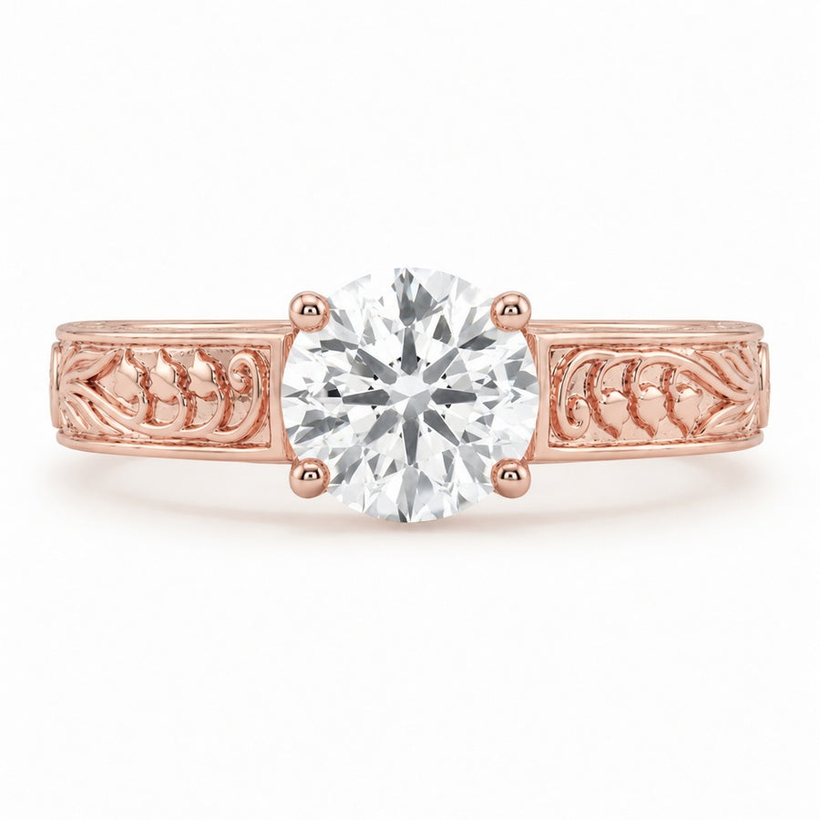 2.00 CT Vintage Round Solitaire Lab-Grown Diamond Engagement Ring in 14K White Gold – Tulip Prong Hand-Engraved Filigree Design