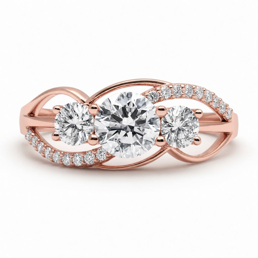 1.70 CT Round Lab-Grown Diamond Three-Stone Engagement Ring in 14K White Gold – Twisted Pavé Design