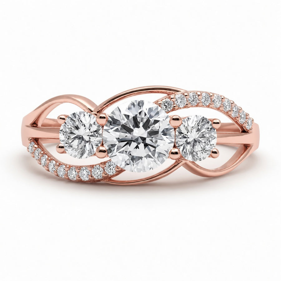 1.70 CT Round Lab-Grown Diamond Three-Stone Engagement Ring in 14K White Gold – Twisted Pavé Design