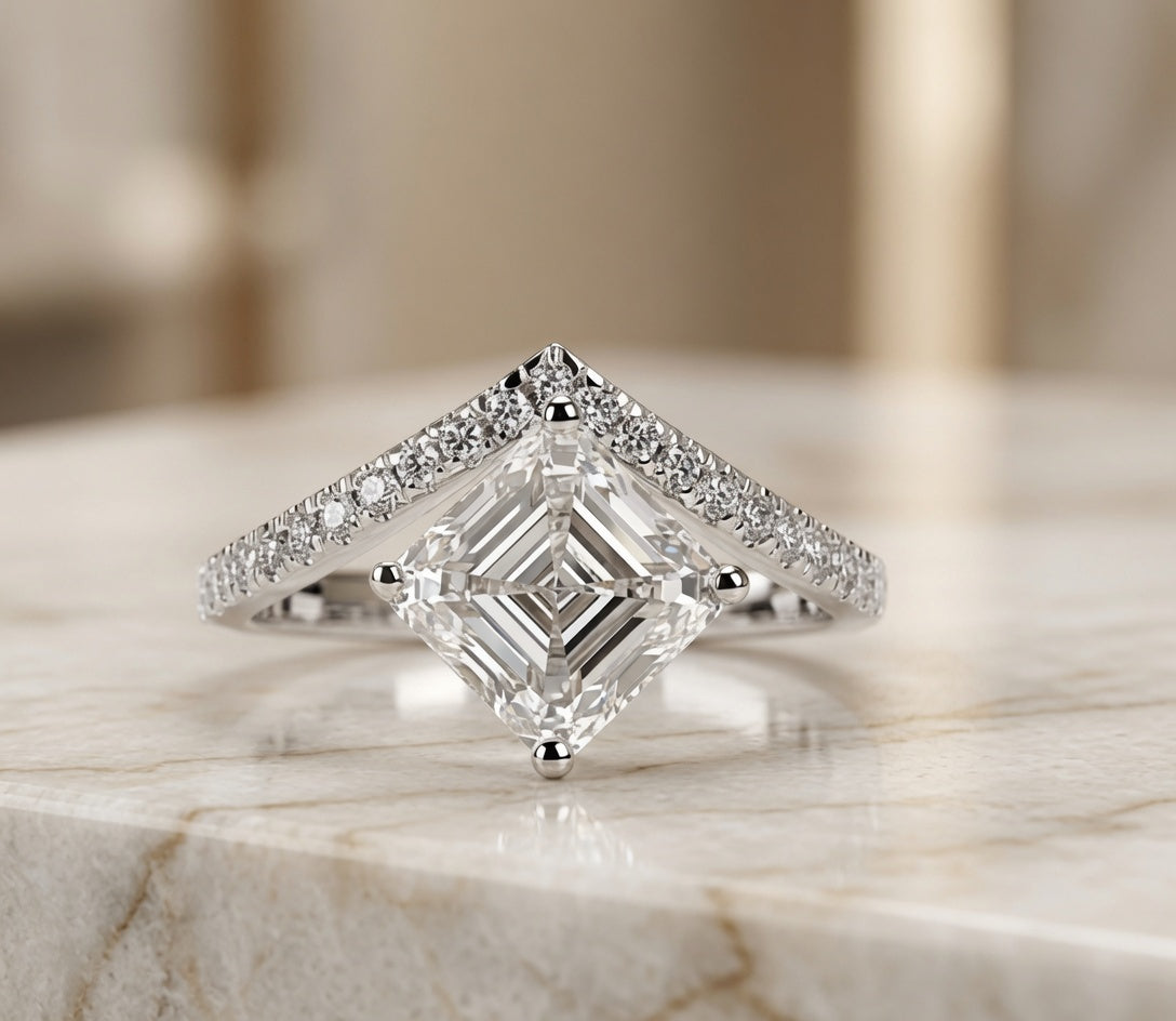 3.00 CT Asscher Cut Lab-Grown Diamond Chevron Solitaire Engagement Ring in 14K White Gold – Curved V Shape Wedding Band Design | IGI Certified