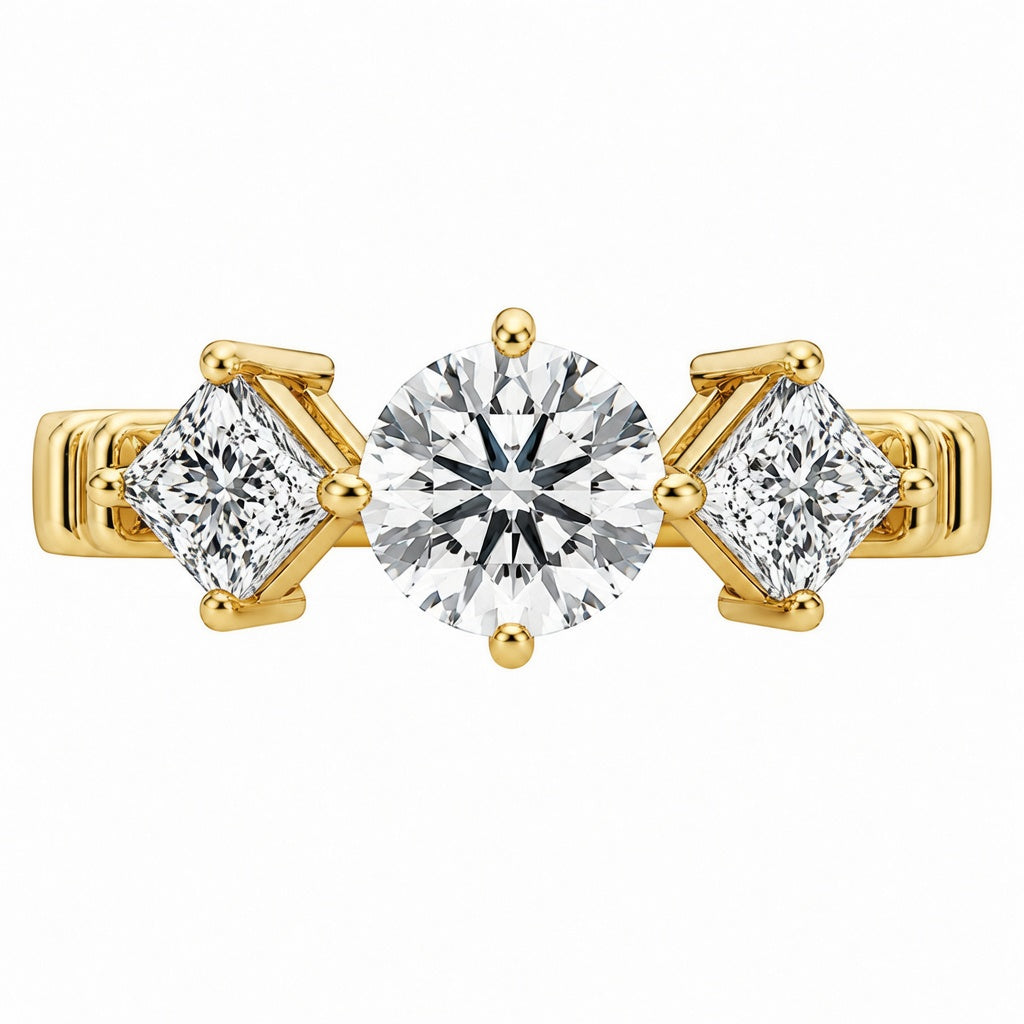 1.00 CT Round Lab-Grown Diamond Three-Stone Engagement Ring in 14K White Gold – Princess Side Stone Elegant Design