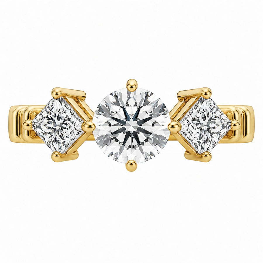1.00 CT Round Lab-Grown Diamond Three-Stone Engagement Ring in 14K White Gold – Princess Side Stone Elegant Design