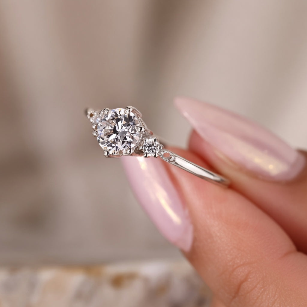 1.00 CT Round Cut Lab-Grown Diamond Three-Stone Engagement Ring in 14K White Gold – Six Prong Classic Design