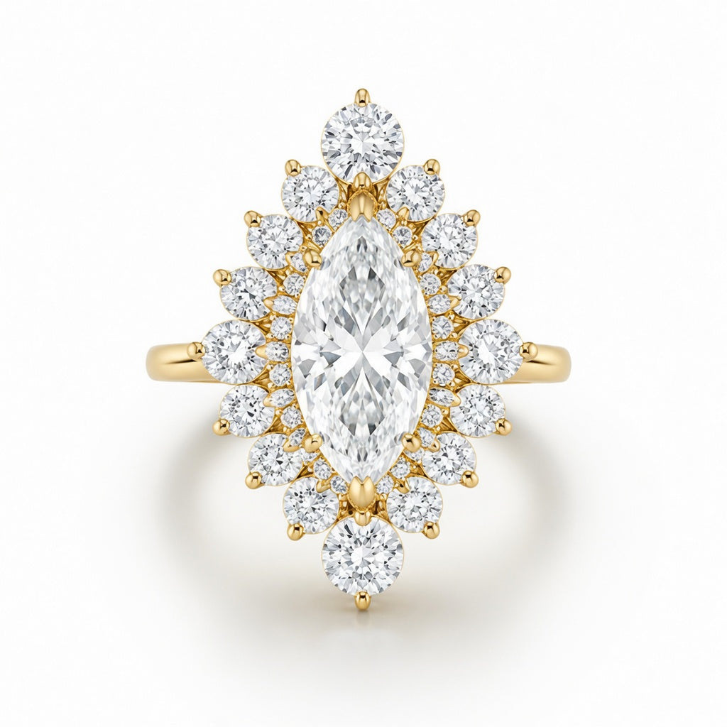 2.50 CT Marquise Cut Lab-Grown Diamond Double Halo Engagement Ring in 14K White Gold – Statement Bridal Design
