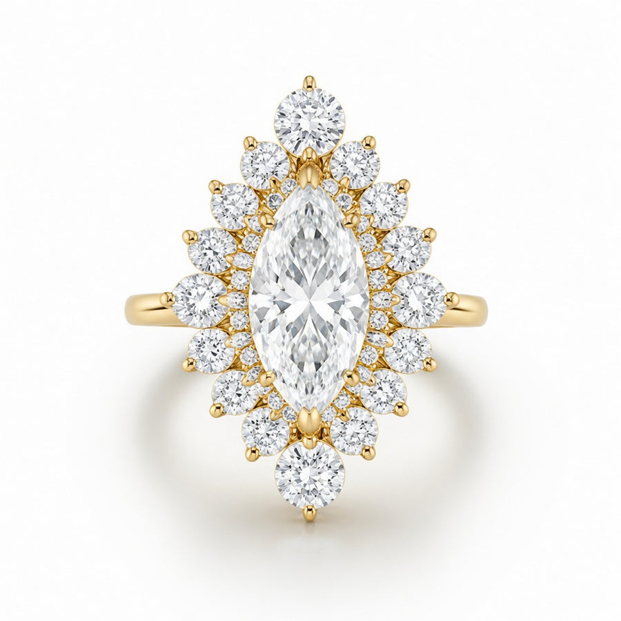 2.50 CT Marquise Cut Lab-Grown Diamond Double Halo Engagement Ring in 14K White Gold – Statement Bridal Design