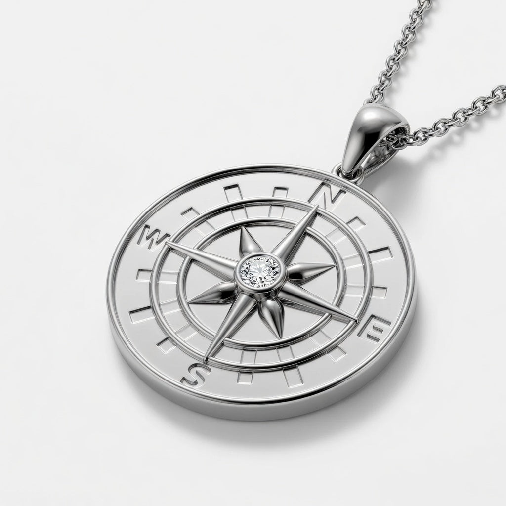 14K White Gold Compass Lab-Grown Diamond Pendant (1.10 CTW – D–F / VS1–VS2)