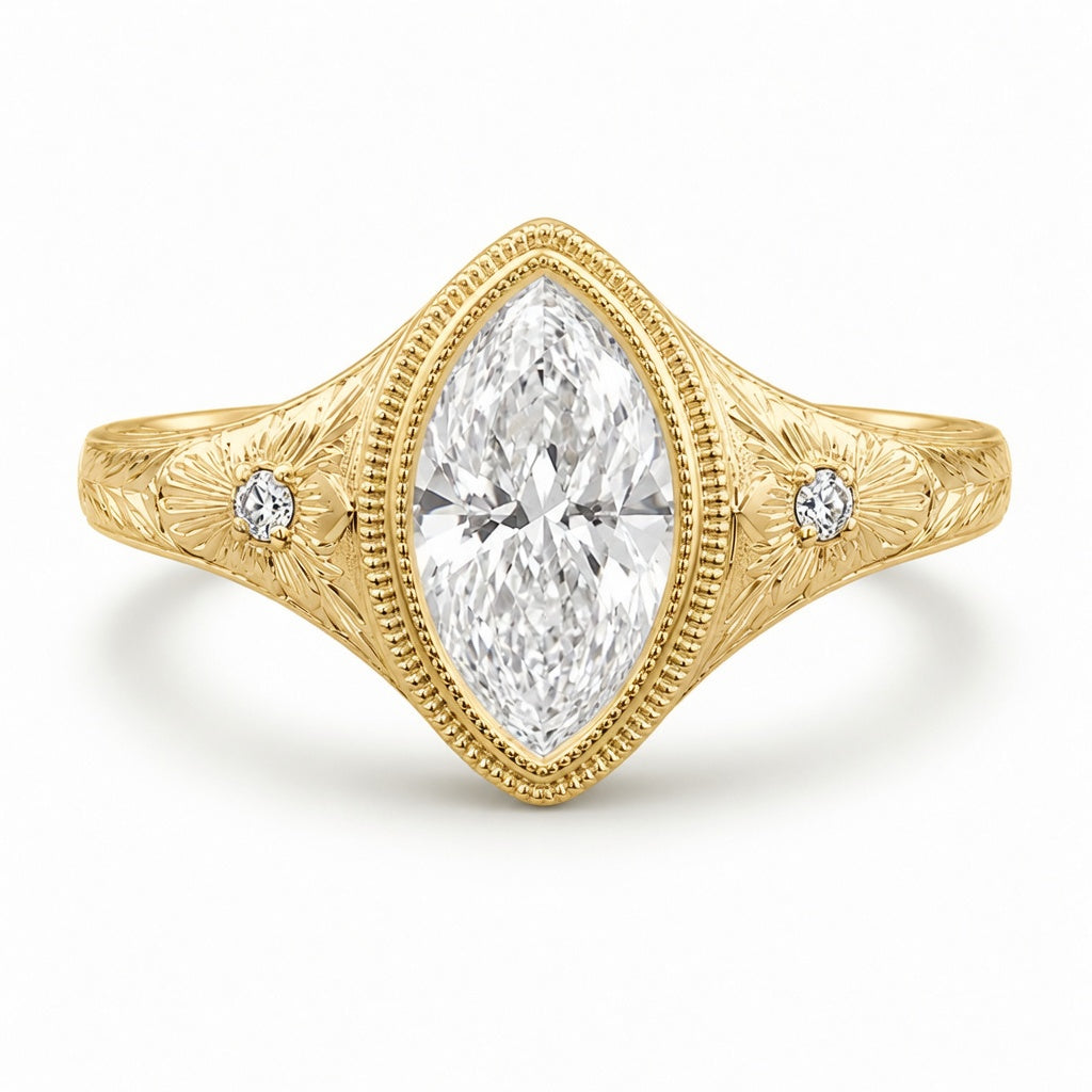2.00 CT Marquise Cut Lab-Grown Diamond Engagement Ring in 14K White Gold – Antique Floral Engraved Milgrain Bezel Design