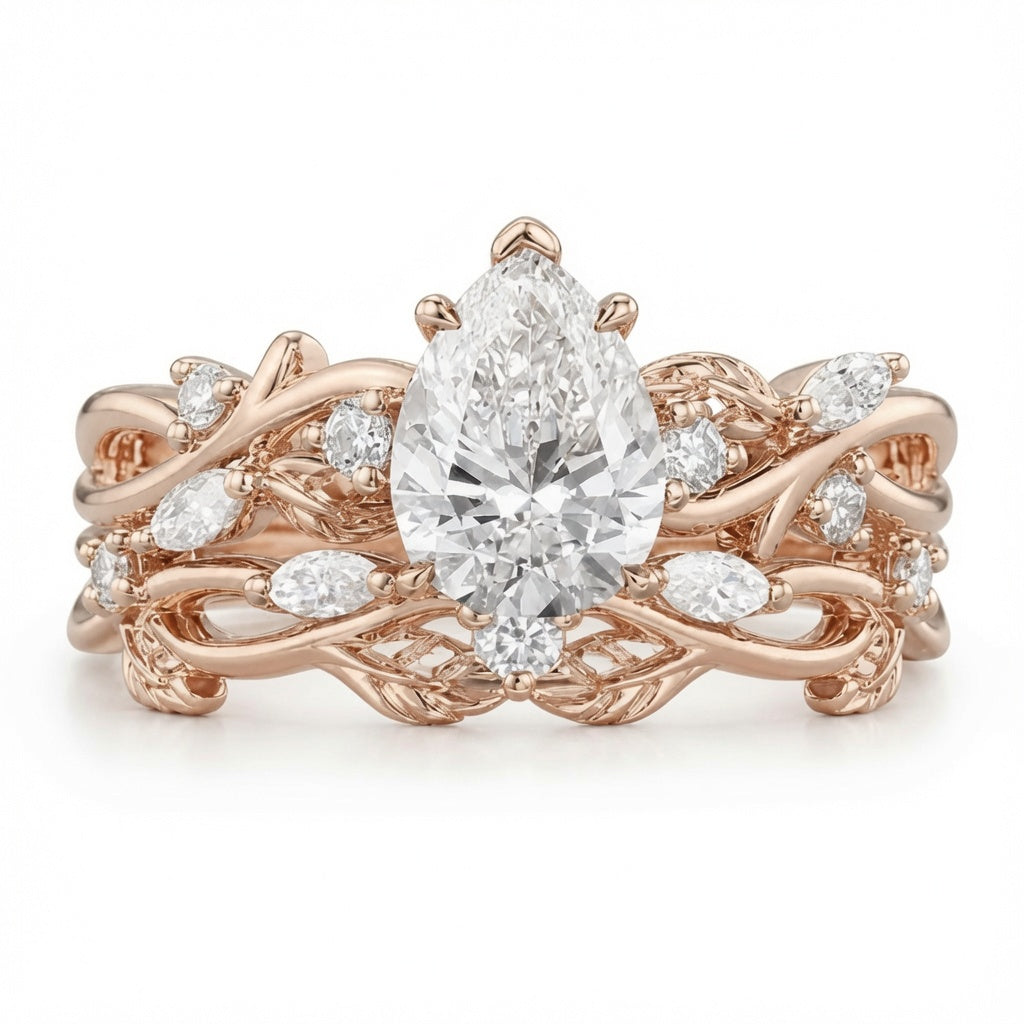2.50 CT Pear Lab-Grown Diamond Cluster Leaf Twig 2PCS Bridal Set in 14K White Gold – Nature Inspired Wedding Ring Design