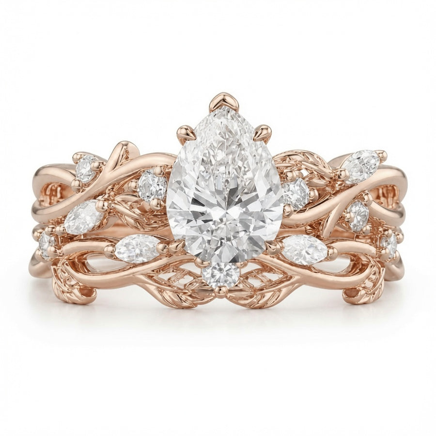 2.50 CT Pear Lab-Grown Diamond Cluster Leaf Twig 2PCS Bridal Set in 14K White Gold – Nature Inspired Wedding Ring Design