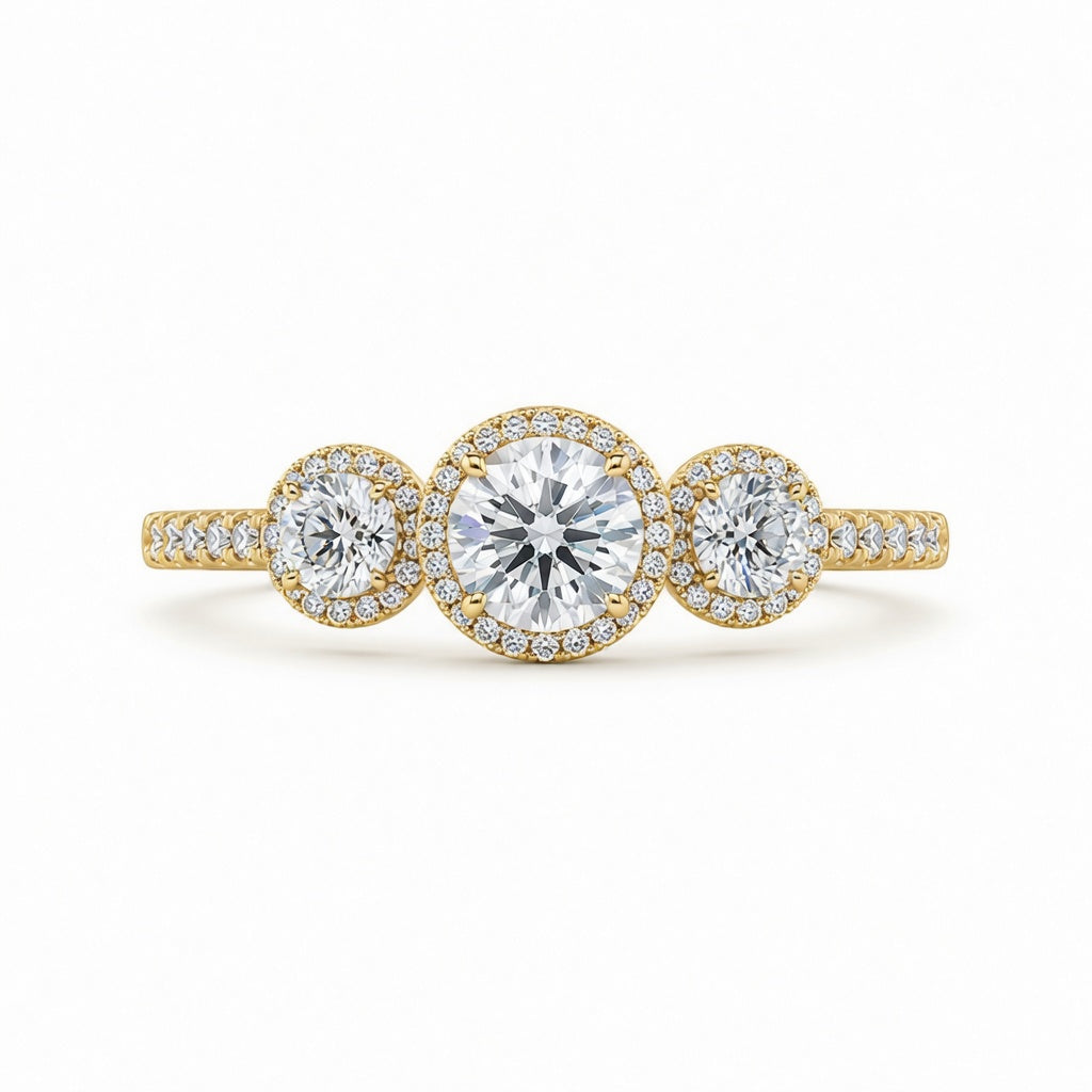 2.00 CT Round Cut Lab-Grown Diamond Three-Stone Halo Engagement Ring in 14K White Gold – Vintage Bridal Design