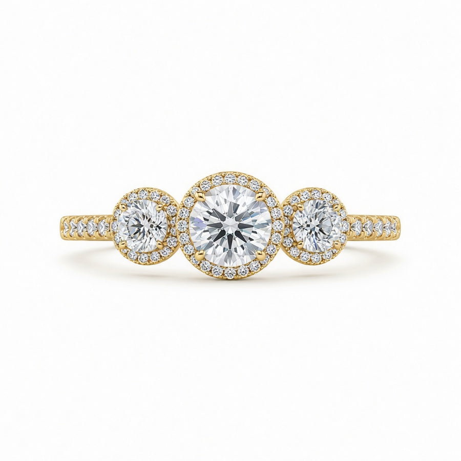 2.00 CT Round Cut Lab-Grown Diamond Three-Stone Halo Engagement Ring in 14K White Gold – Vintage Bridal Design