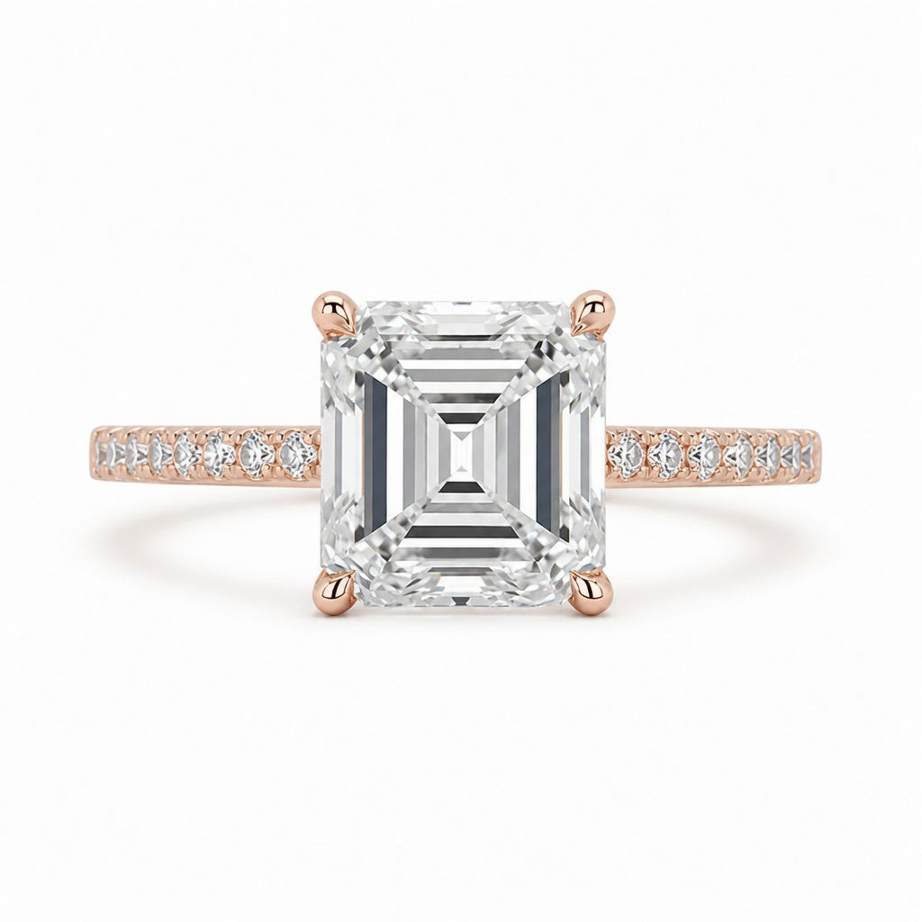 4.00 CT Asscher Cut Lab-Grown Diamond Engagement Ring in 14K White Gold – Pavé Setting Square Diamond Design