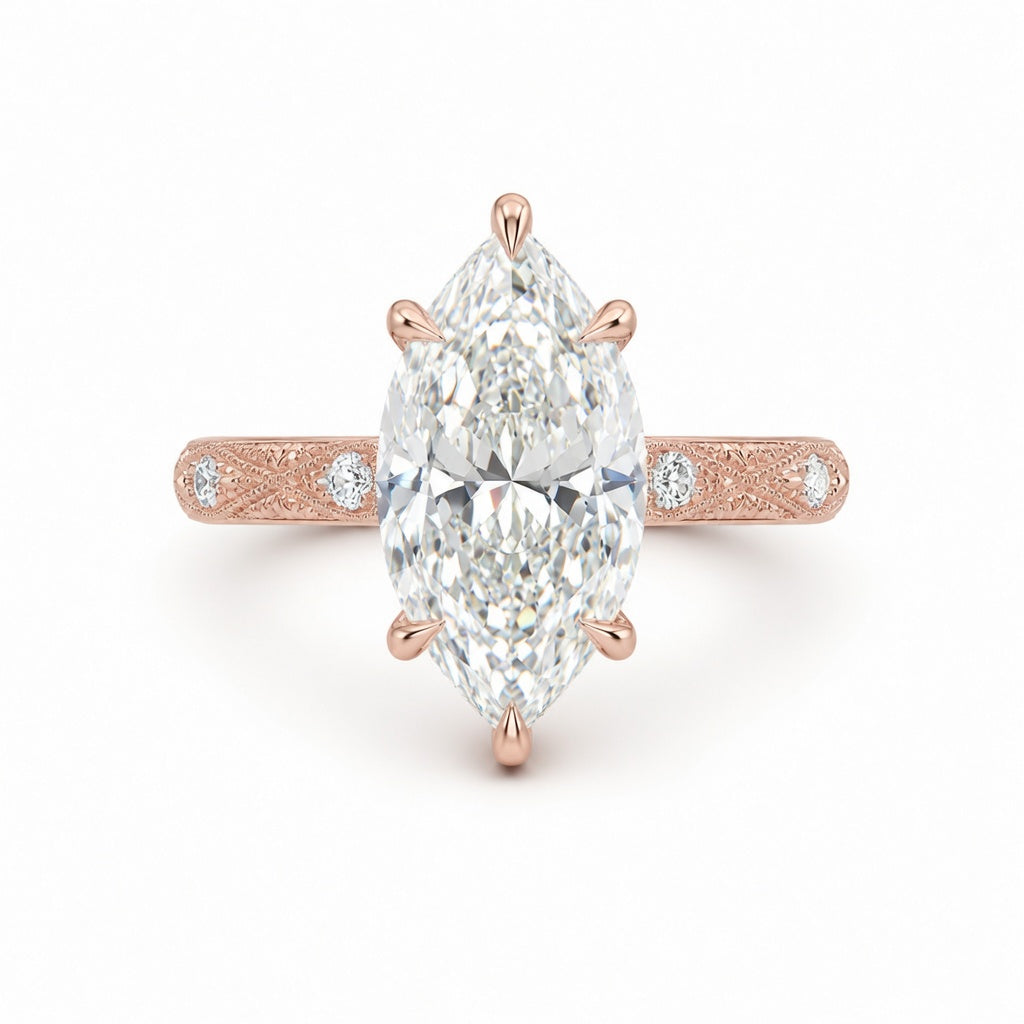3.00 CT Vintage Marquise Lab-Grown Diamond Engagement Ring in 14K White Gold – Hand-Engraved Solitaire Design