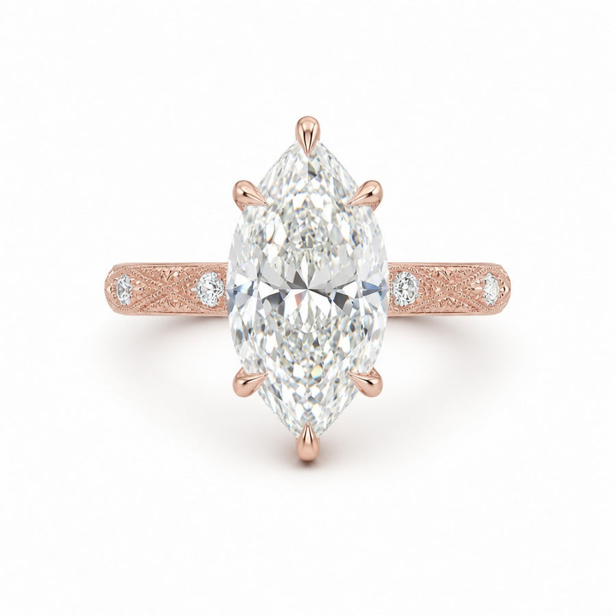 3.00 CT Vintage Marquise Lab-Grown Diamond Engagement Ring in 14K White Gold – Hand-Engraved Solitaire Design