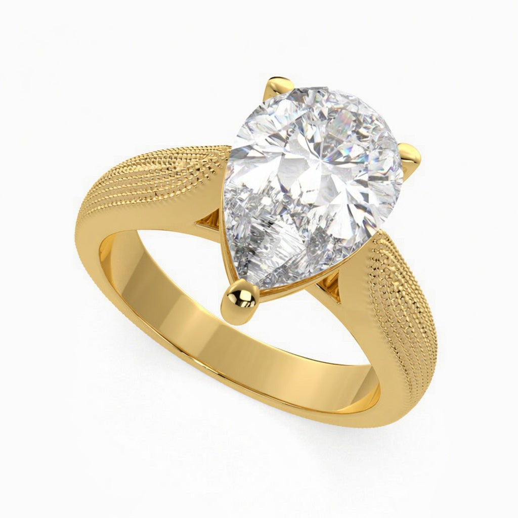 Valentina 3 Carat Pear Cut Solitaire Tapered Milgrain Engagement Ring