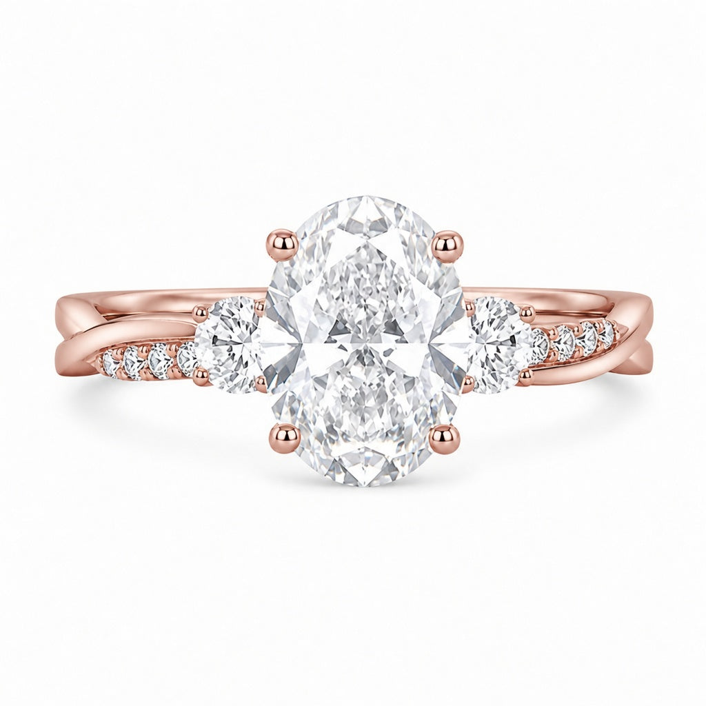 1.50 CT Oval Cut Lab-Grown Diamond Three-Stone Engagement Ring in 14K White Gold – Twisted Band Wedding Design
